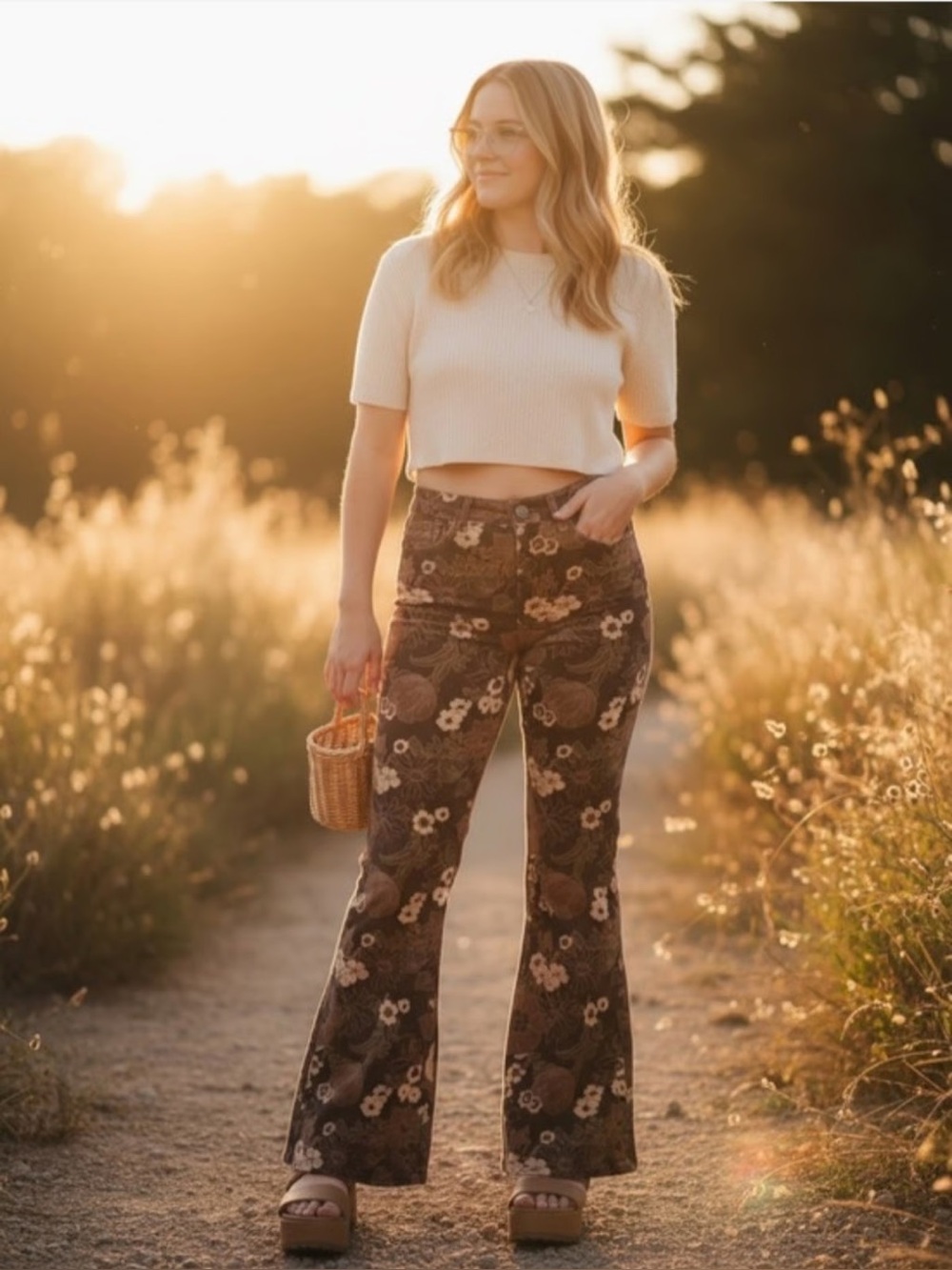 Wrangler floral retro high rise fierce flare corduroy jeans pants western